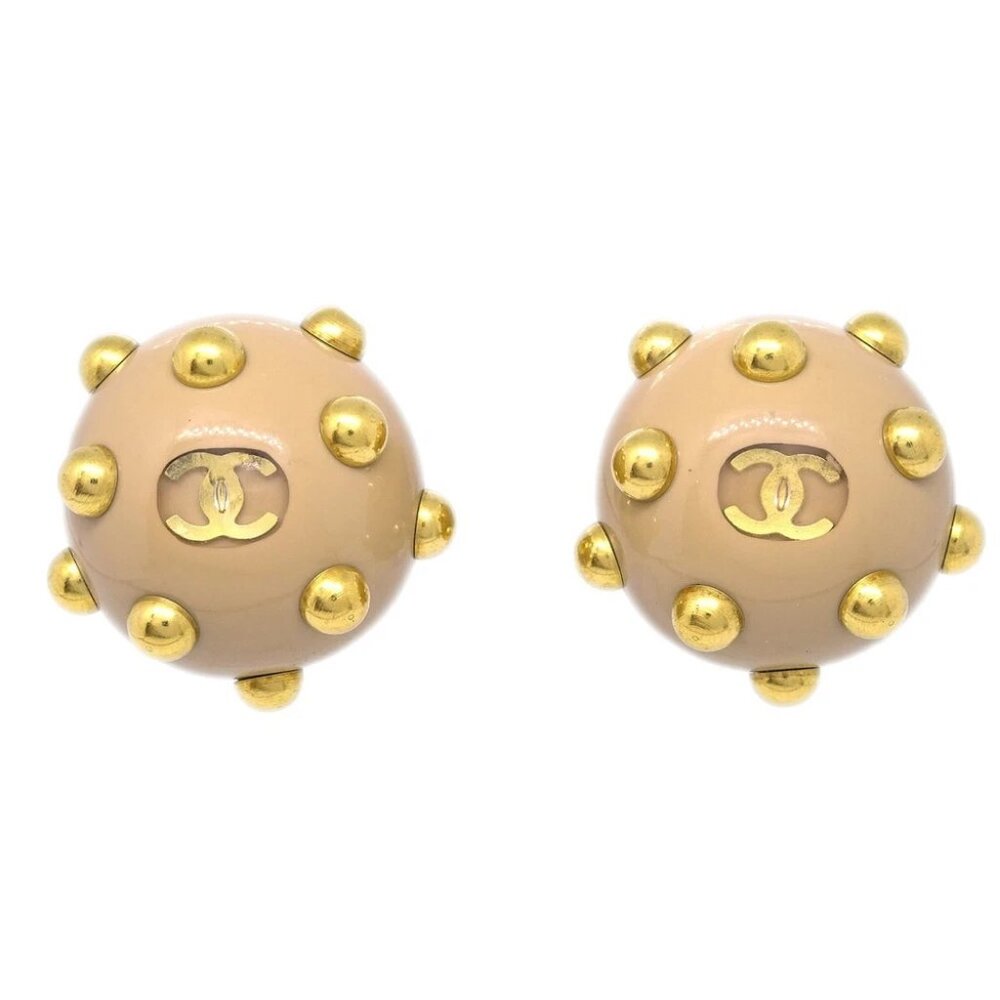 Chanel CC Logos Studs Button Earrings Beige Gold Clip-On 00A 89909